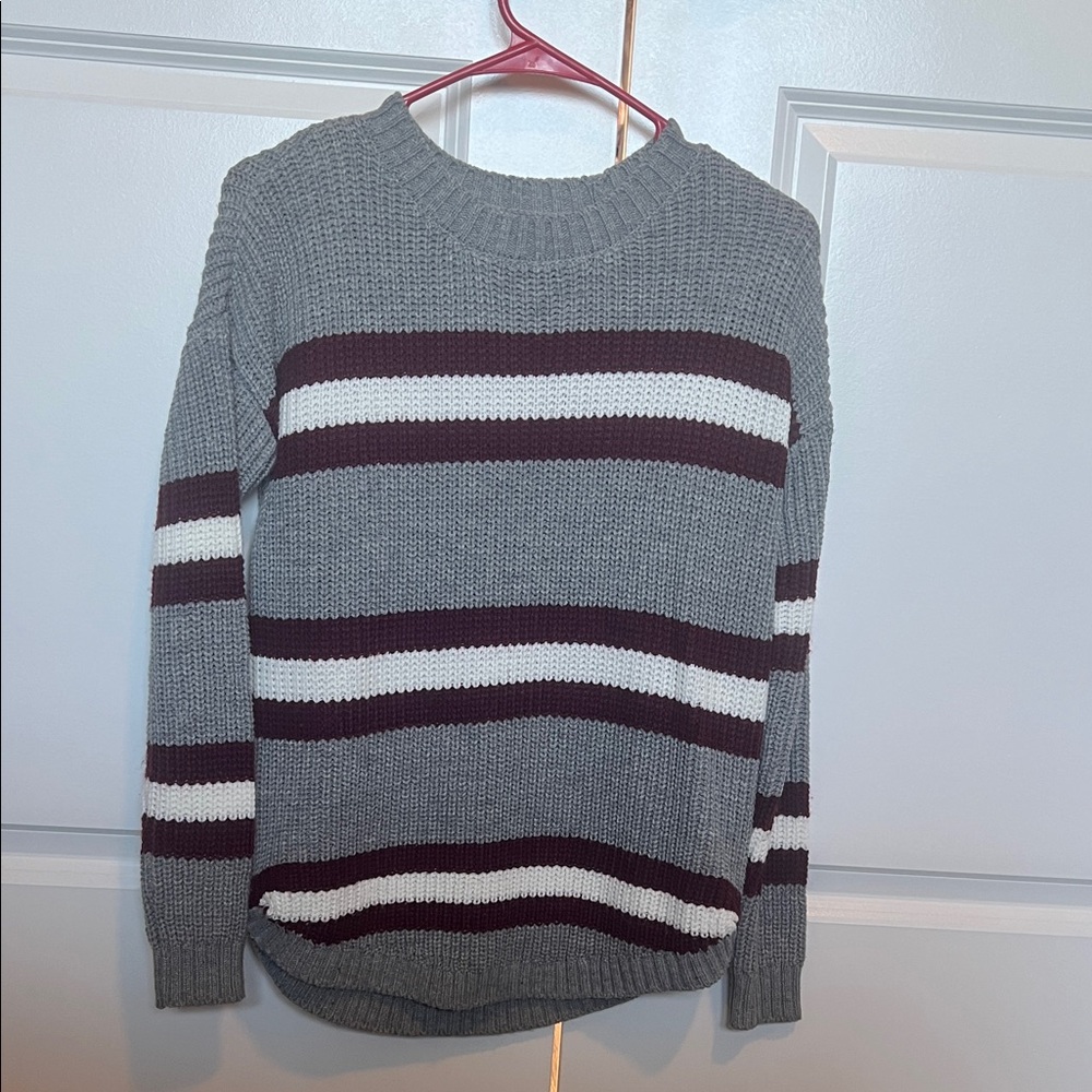 SO Gray and White Striped Crew Neck Sweater